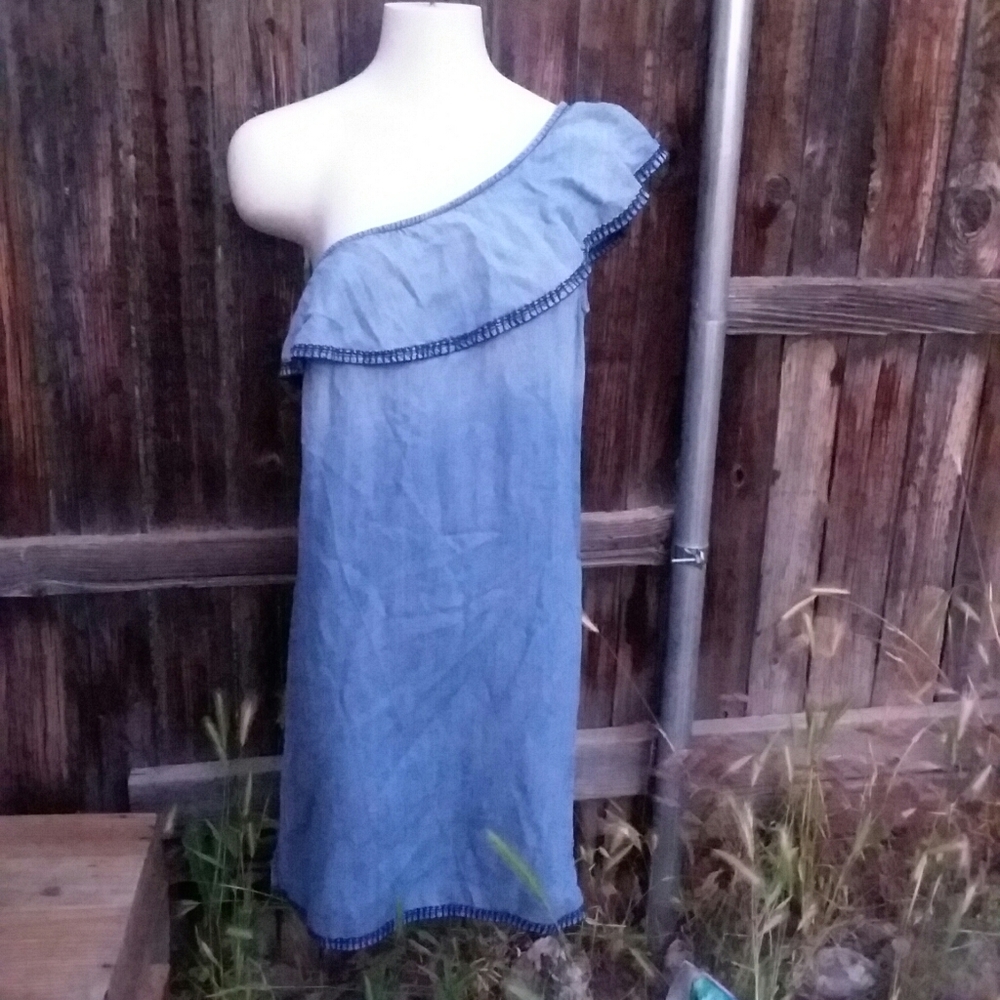 Extra Soft One shoulder Medium denim ruffle mini